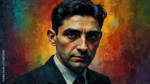 franz kafka abstract portrait oil pallet knife paint painting on canvas large brush strokes art watercolor illustration colorful background from Generative AI