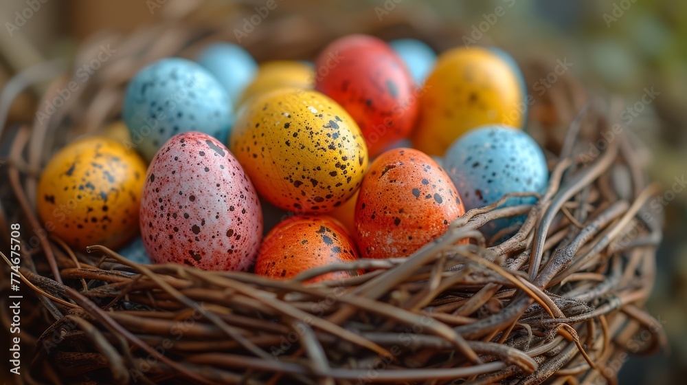 A bird's nest atop a green, leafy table by the window, holds speckled eggs A bird's nest atop a green, leafy table by the window, holds speckled eggs