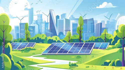 Ecological energy renewable solar panel plant with urban landscape landmarks.
