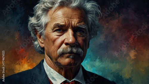 mark twain abstract portrait oil pallet knife paint painting on canvas large brush strokes art watercolor illustration colorful background from Generative AI photo
