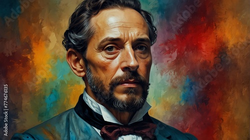 miguel de cervantes abstract portrait oil pallet knife paint painting on canvas large brush strokes art watercolor illustration colorful background from Generative AI photo