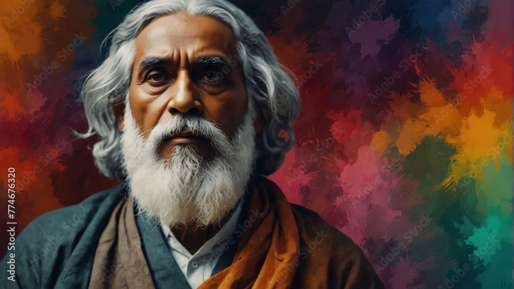 rabindranath tagore abstract portrait oil pallet knife paint painting on canvas large brush strokes art watercolor illustration colorful background from Generative AI