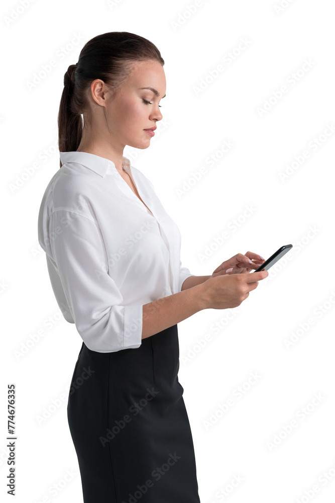 A businesswoman in formal wear using a smartphone, isolated on a white background, studio photo A businesswoman in formal wear using a smartphone, isolated on a white background, studio photo