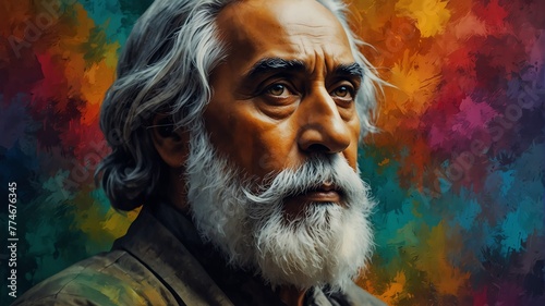 rabindranath tagore abstract portrait oil pallet knife paint painting on canvas large brush strokes art watercolor illustration colorful background from Generative AI photo
