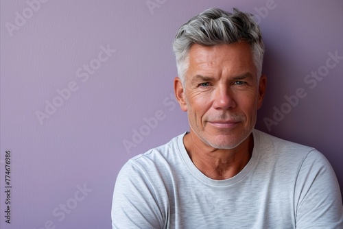 Portrait of a handsome mature man with grey hair against purple background