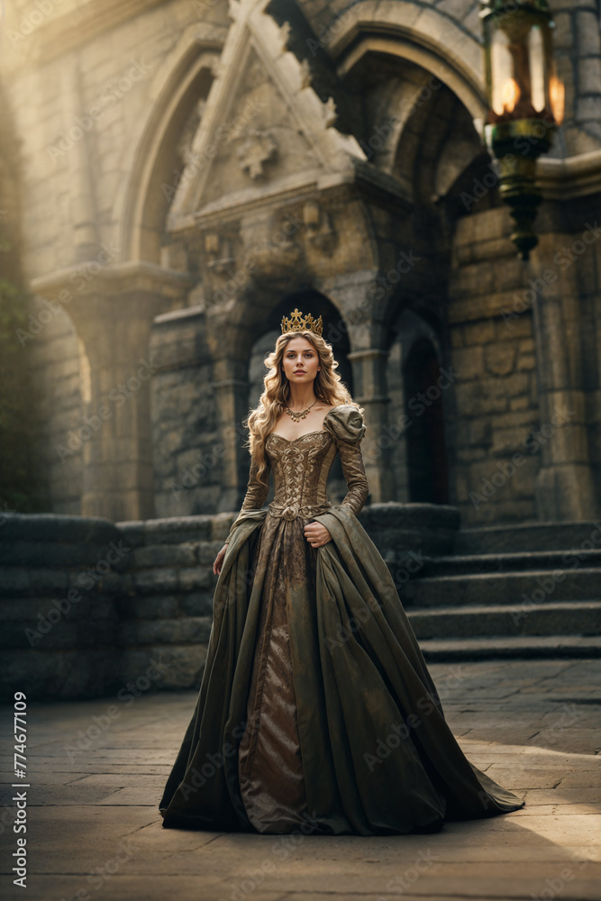 Elegant queen standing in front of castle