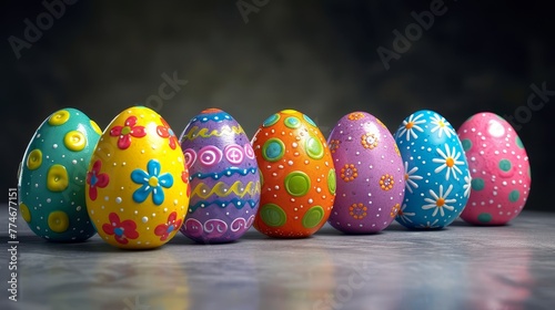  A row of painted Easter eggs arranged on a table next to each other