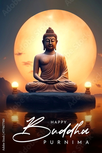 Happy Vesak Day Poster Design with Buddha Purnima Statue Vesak Day is a holy day for Buddhists