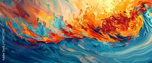 Abstract waves of azure and fiery orange collide, creating a dynamic display of color and movement.