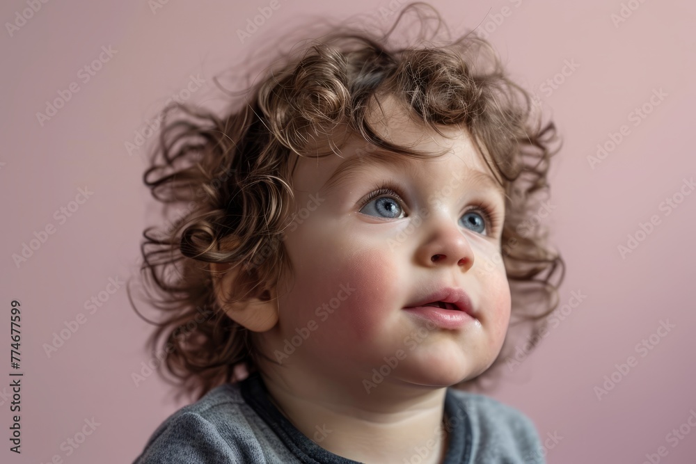 Portrait of a little girl with curly hair on a pink background Portrait of a little girl with curly hair on a pink background