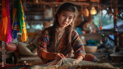 Thai women dressed in northern cultural clothing are spinning threads, beautiful colors. © suteeda