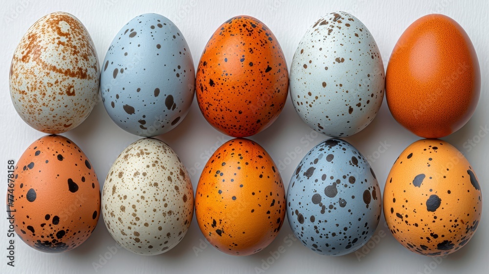 A collection of distinctively colored eggs arranged on a white, speckled surface A collection of distinctively colored eggs arranged on a white, speckled surface