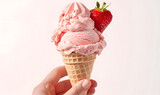 Hand Holding Strawberry Ice Cream Cone, Generative AI