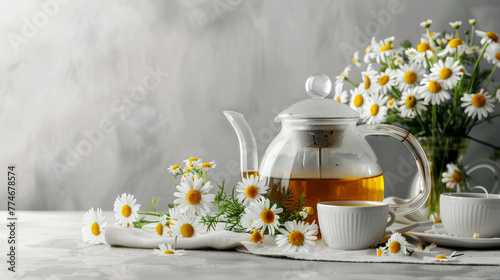 A tea set with a teapot and tis calm and relaxing. chamomile tea in glass kettle and beautiful cup with chamomile flowers around it in grey background photo