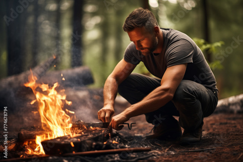 Man Contemplating Nature While Tending to a Campfire in the Forest