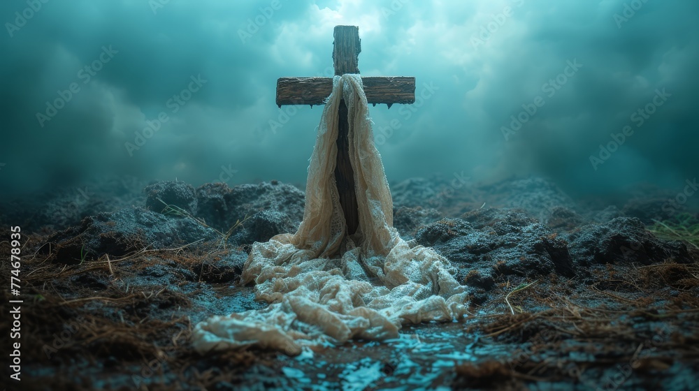   A crucifix, covered by a cloth, stands alone in a muddy field beneath a cloudy sky - obrazy, fototapety, plakaty 