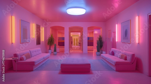Pink room with soft sofas. Monochrome pink girly hallway interior. Horizontal image of abstract modern living rooms