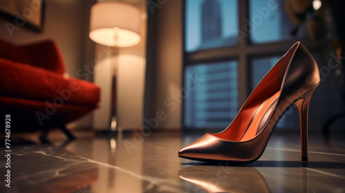 Elegant High Heel Shoe on Polished Floor with Modern Home Interior Background