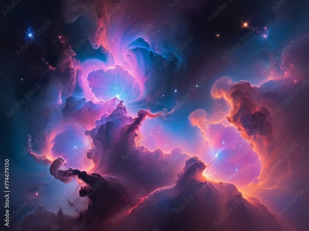 In space, a nebula swirls with gases, dust, stars, and vibrant colors, a stunning portrait of cosmic beauty and evolution.