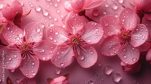  A plethora of pink flowers rests atop a uniform pink surface, adorned with dewdrops on their petals Each droplet reflects the vibrant hue of