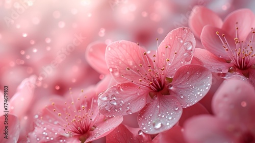  A group of pink flowers, each with dewdrops, against a softly blurred backdrop of similar flowers and their watery droplets