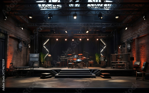 Concert stage with brick walls, metal trusses and soffit lights, industrial vibe