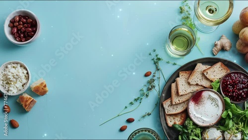 Pesah celebration concept (jewish Passover holiday). 
Composition with Passover Seder plate. Pastel blue background with copy space area for text. 4K Video photo