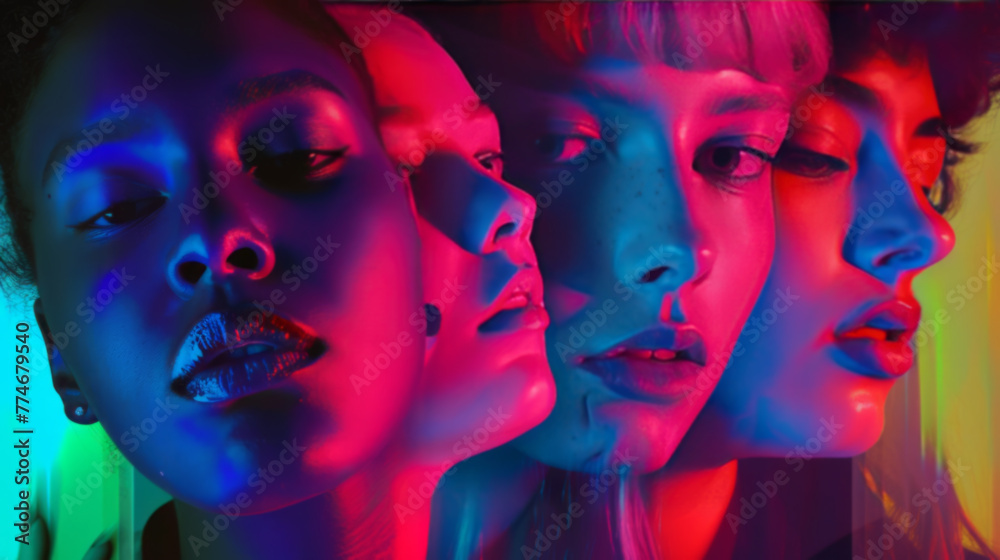 Obraz premium Multi-Ethnic Group in Vivid Neon Lights Showcasing Modern Youth Culture
