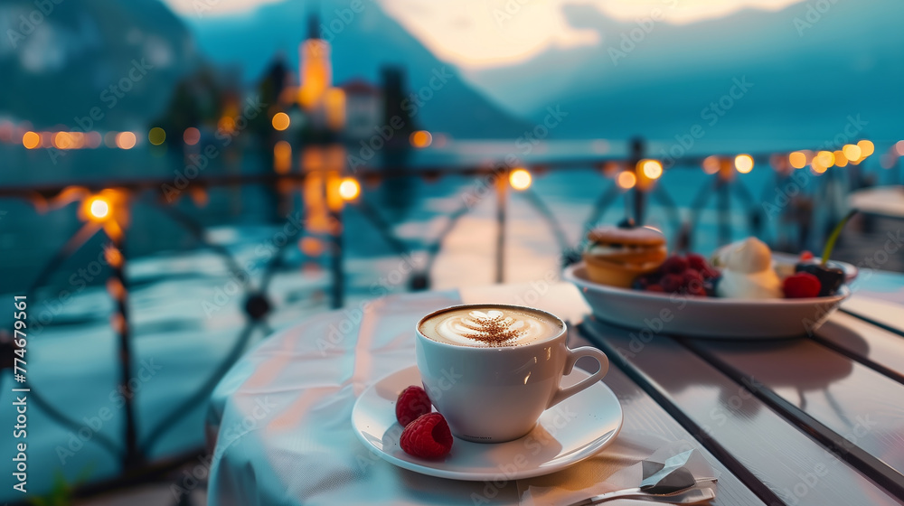 Cappuccino and Dessert at Lakeside Cafe
. An inviting cup of cappuccino served with fresh berries and dessert on a table, with a serene lake view and evening lights in the background.
