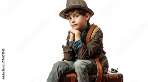Young Traveler on a Suitcase on a transparent background