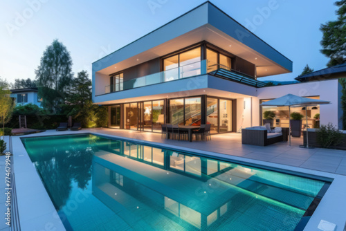 Contemporary Home with Pool and Outdoor Living Space at Dusk © Natalia Klenova