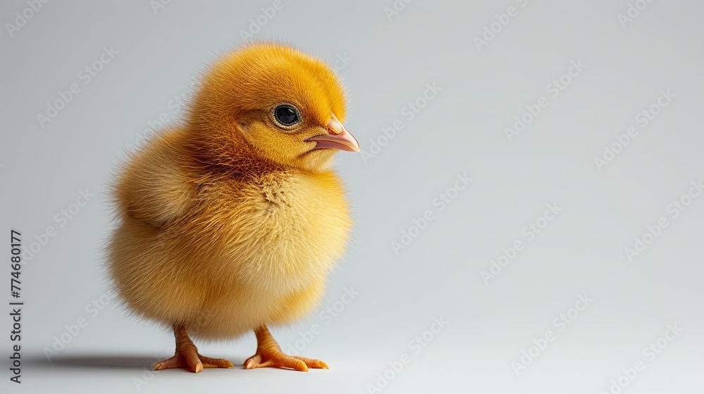 A tight shot of a small yellow chicken against a white backdrop, with a yellow chick smaller in size on the right side A tight shot of a small yellow chicken against a white backdrop, with a yellow chick smaller in size on the right side