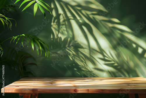 background tranquil and natural setting. It showcases a wooden shelf or ledge against a wall, bathed in dappled sunlight that creates beautiful patterns on the surface