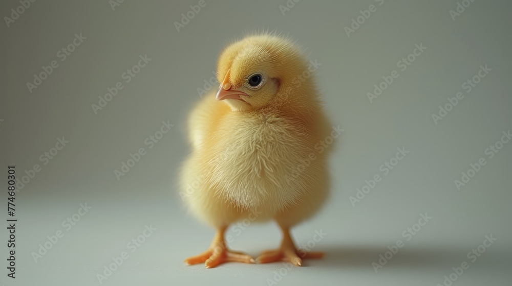A close-up of a small yellow chicken against a white background A close-up of a small yellow chicken against a white background