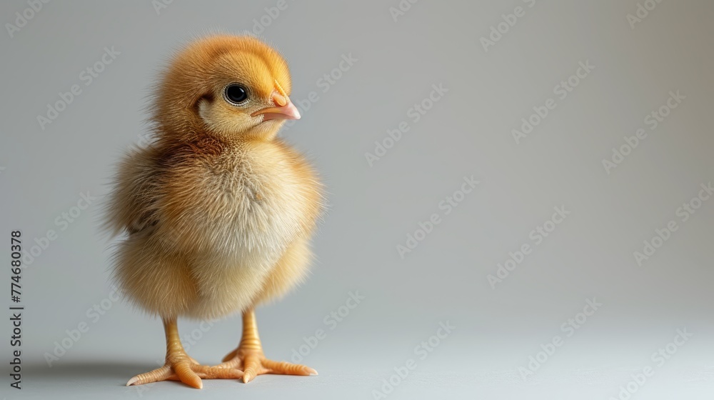 A close-up of a small chicken against a white background A close-up of a small chicken against a white background