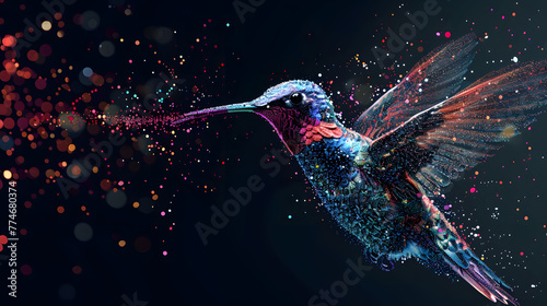 A colorful hummingbird made of particles against a dark background. The hummingbird is in the style of unknown artist © Oleksandr