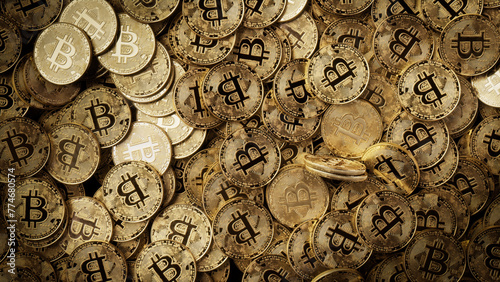 Bitcoin Cryptocurrency represented as Gold Coins. Future Business Wallpaper. 3D Render. photo