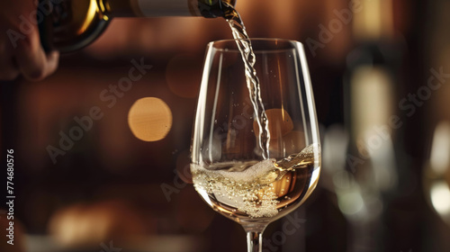 Red wine flows from the bottle into the glass against a wooden backdrop.