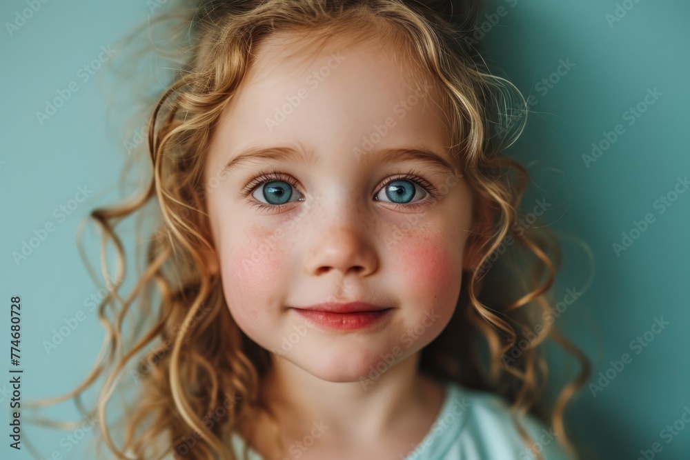 Portrait of a cute little girl with curly hair on a blue background Portrait of a cute little girl with curly hair on a blue background