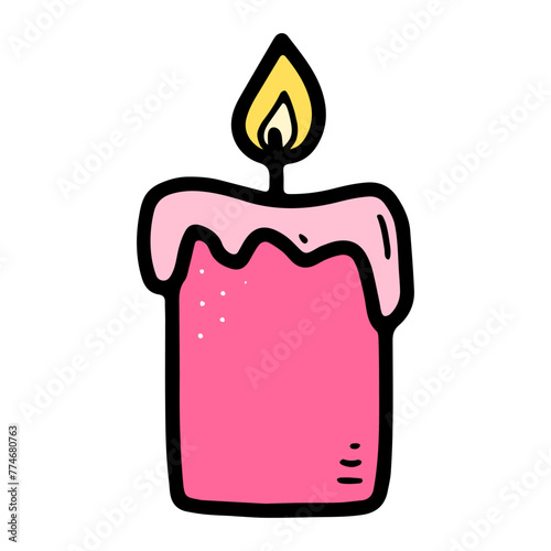 Doodle burning dopamine style candle. Hand-drawn pink candlestick decor isolated on white background. Holiday, Valentines Day, Birthday, Christmas, church, line symbol. Vector festive illustration