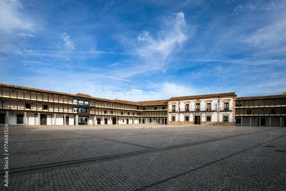 Panoramic view of the monumental Plaza Mayor of Tembleque de Toledo, Castilla la Mancha, Spain, with its wooden balconies and porticos