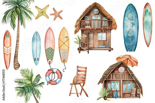 Watercolor painting realistic Full picter A large set of pictures with beach cabins, surfboards, summer vacation and vacation accessories Isolated objects on a white background. photo