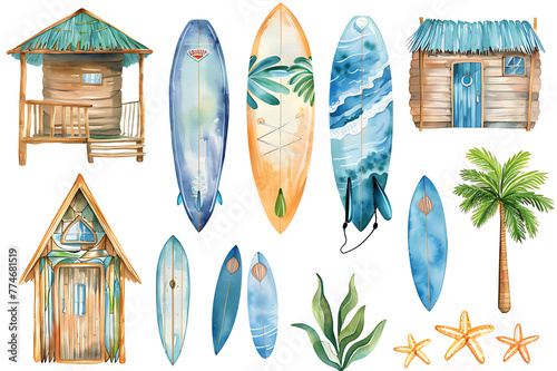 Watercolor painting realistic Full picter A large set of pictures with beach cabins, surfboards, summer vacation and vacation accessories Isolated objects on a white background. photo