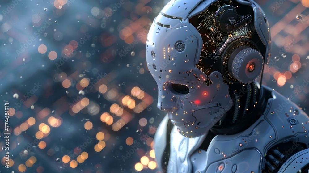 Robot With Headphones Standing in Front of City Robot With Headphones Standing in Front of City