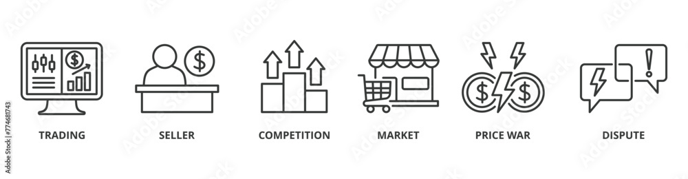 Trade war banner web icon vector illustration concept with icon of trading, seller, competition, market, price war, dispute - obrazy, fototapety, plakaty 