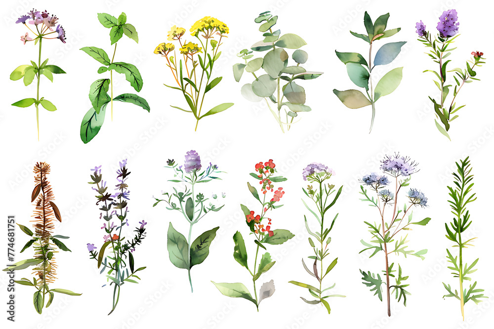 Watercolor painting realistic set of herbs, wildflowers and spices on white background. Clipping path included.