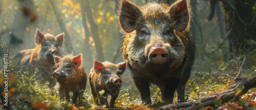 In the heart of the forest, a charming sight unfolds as a wild boar family, including their endearing baby, explores their natural habitat.