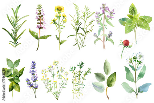 Watercolor painting realistic set of herbs, wildflowers and spices on white background. Clipping path included.