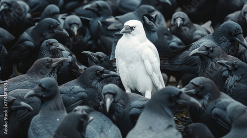 A white crow stands among black crows. photo