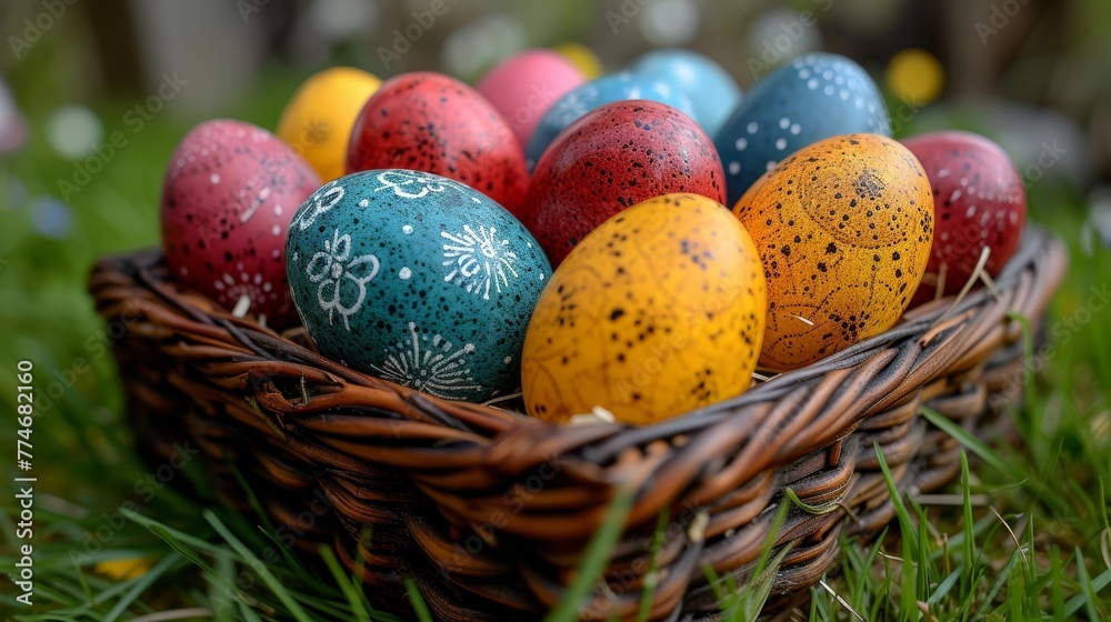 A basket brimming with vibrantly painted eggs atop a lush green grass expanse Nearby, a wooden fence stands A basket brimming with vibrantly painted eggs atop a lush green grass expanse Nearby, a wooden fence stands